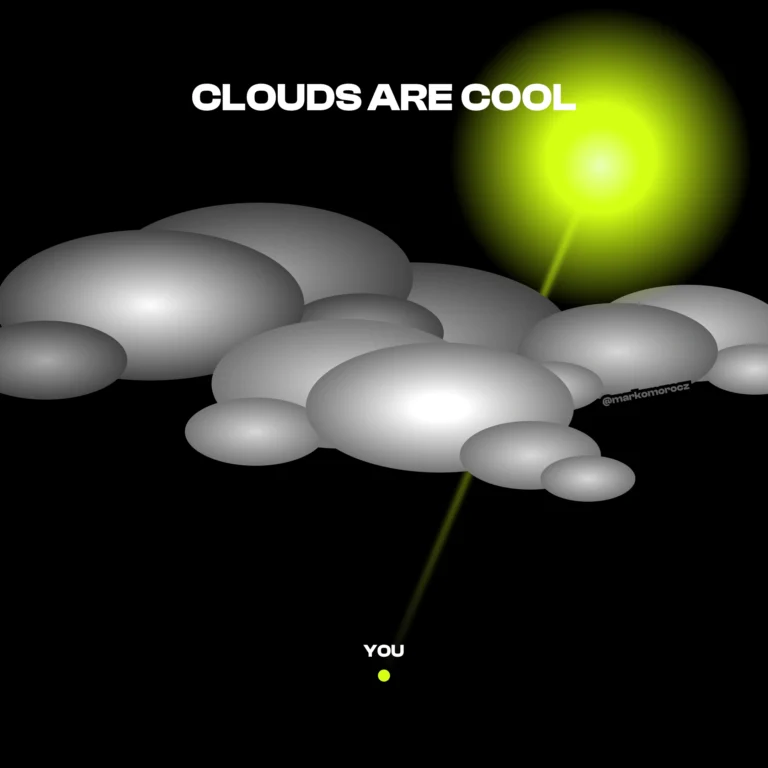 Point portraying "you" lit by sunlight through clouds. 'Clouds are cool' text. Longevity benefits of sun exposure, even when overcast.