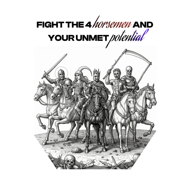 Illustration showing 5 riders: the 4 horsemen of chronic disease (heart disease, cancer, neurodegenerative disease, metabolic disorders) plus the fifth rider representing unmet potential - key longevity battles.