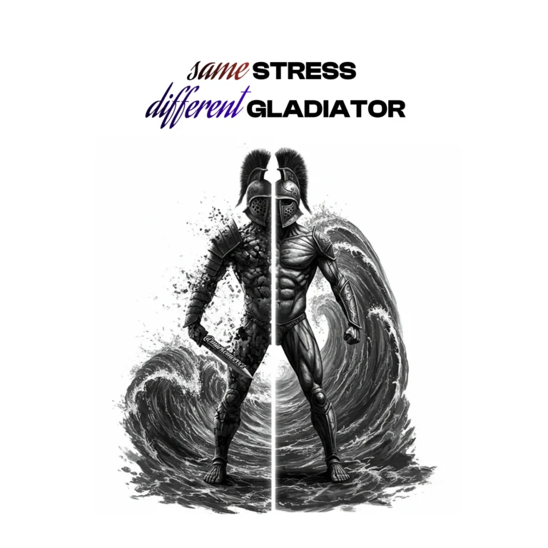 Gladiator figure with contrasting sides: left weakened by distress waves, right strengthened by eustress waves, illustrating stress impact on physical resilience and longevity.