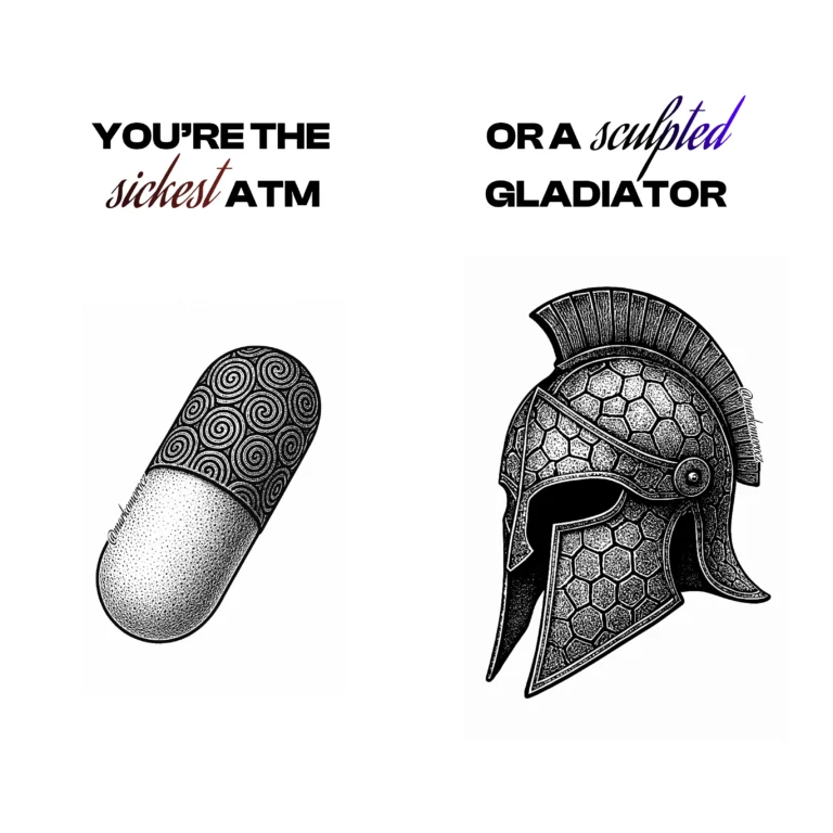 Longevity vs. Medication: A gladiator helmet with a cell structure pattern and a pill on the left. Choose prevention over treatment.