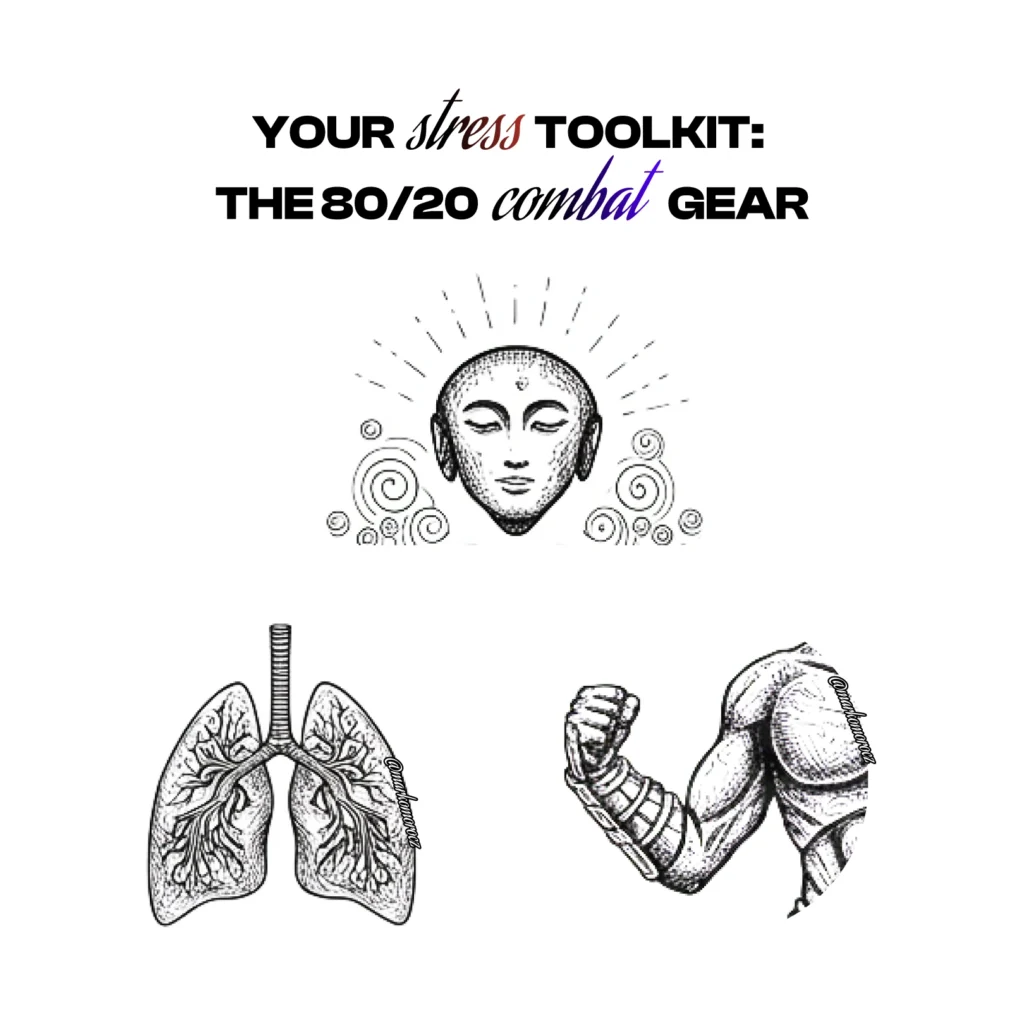 80/20 stress combat toolkit featuring three key elements: lungs for breathing techniques, muscles for physical exercise, and meditation-focused brain in triangle formation - essential longevity defense mechanisms.