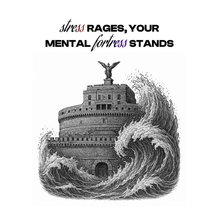 Mental fortress withstanding stress waves, protected by 7 defensive factors that build psychological resilience and cognitive longevity against mental health challenges.