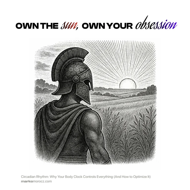 Victorious gladiator embracing sunrise - harness your circadian rhythm for optimal hormonal regulation, cognitive performance and longevity gains. Own the sun, own your obsession.