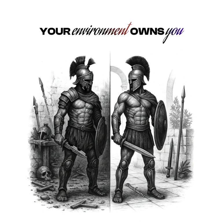 Contrasting gladiators showing environment impact: left with untidy space and rusty weapons struggling, right with organized space and polished weapons thriving - illustrating how environment design affects performance and longevity.