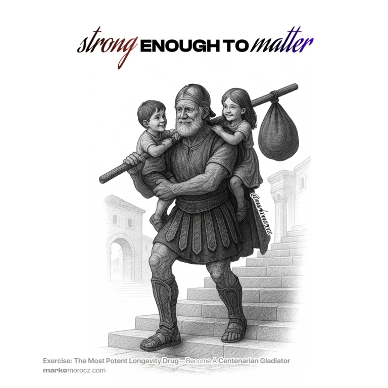 Ancient Roman gladiator carrying children up stone stairs - strength training for longevity and functional fitness to maintain physical capability into old age