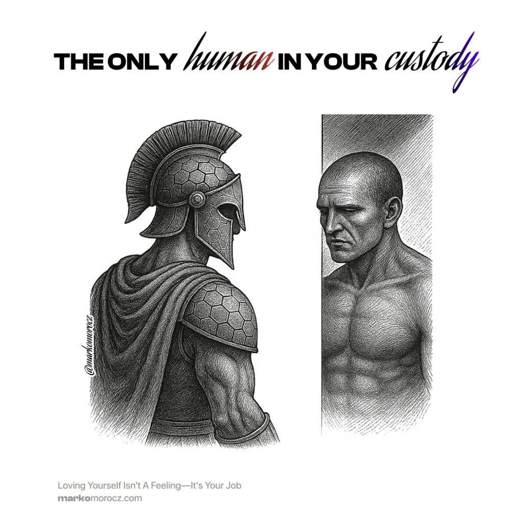 Gladiator facing mirror reflection - embrace self-love and self-caring as your primary responsibility for mental resilience, physical performance, and optimal longevity.