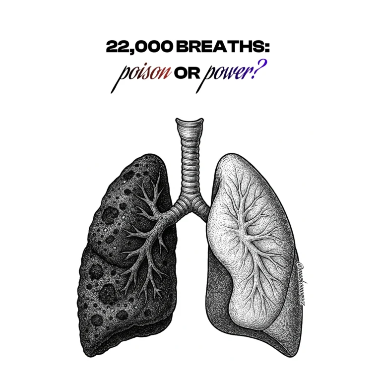 Dual lung comparison showing clear airways in clean air versus particle-filled lungs in polluted environment, illustrating respiratory health impact on longevity and physical performance.