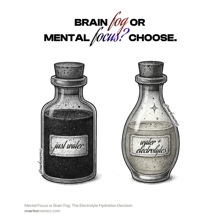 Hydration comparison showing murky 'Just Water' bottle vs. clear 'Water + Electrolytes' bottle with sparkles - illustrating cognitive performance difference between improper and optimal mineral hydration.