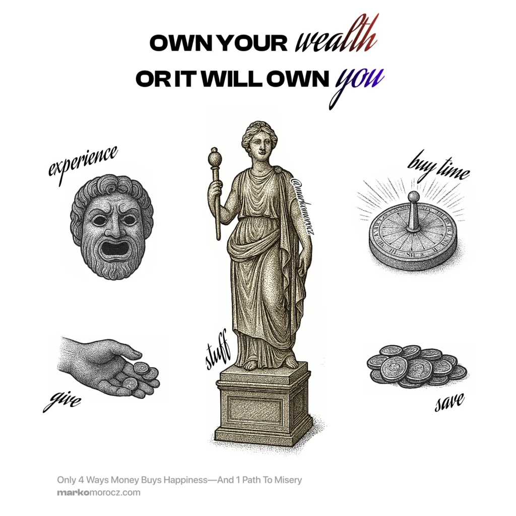 Ancient Roman wealth allocation diagram - strategic financial optimization through Experience, Time, Giving and Saving versus misery-inducing Stuff. Invest in happiness-yielding assets for psychological performance and life satisfaction.