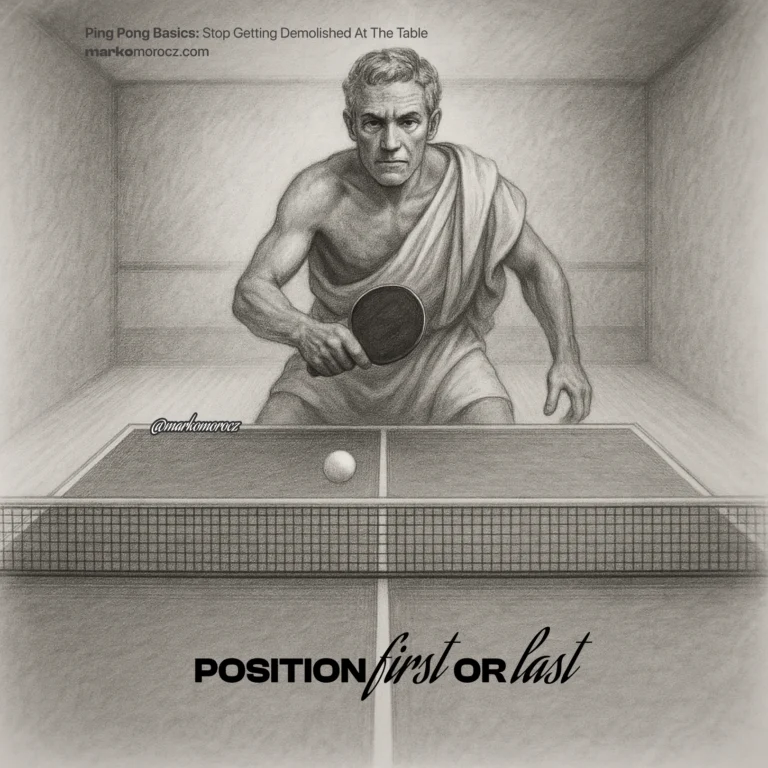Ping pong player demonstrating optimal ready position and court positioning for strategic table tennis gameplay and improved performance
