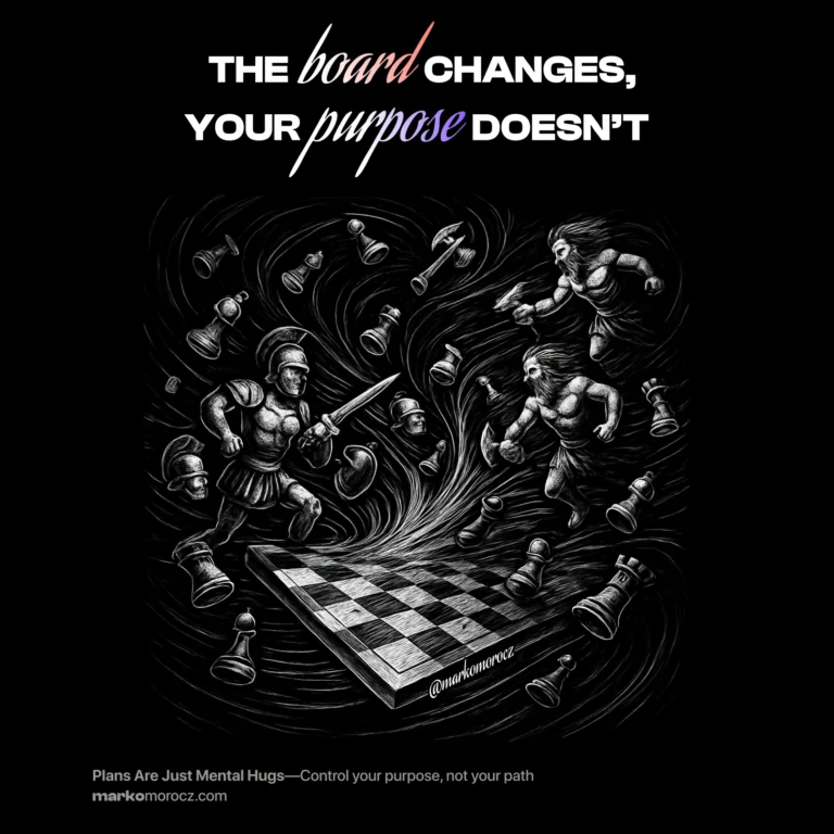 Roman legion chess pieces scattered by wind against barbarian forces - strategic plans crumble when life strikes, but unwavering purpose endures through chaos and uncertainty.