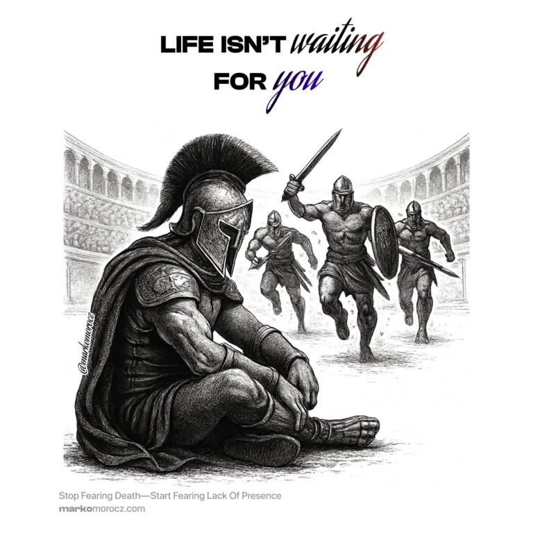 Gladiator lost in thought while three opponents charge - life attacks when you're absent, stop fearing death and start mastering presence for peak performance.