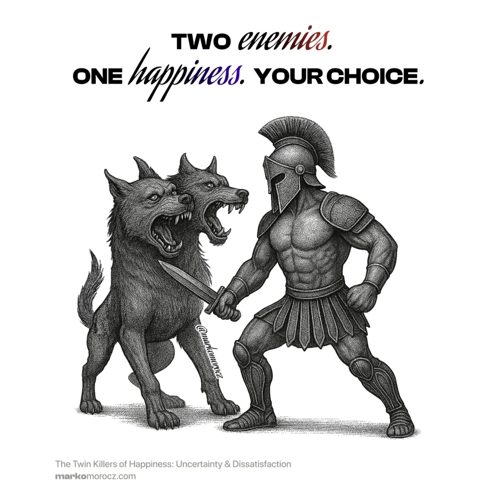 Gladiator confronting two-headed monster of uncertainty and dissatisfaction - master these dual psychological enemies to unlock sustainable happiness and optimal mental performance for longevity.