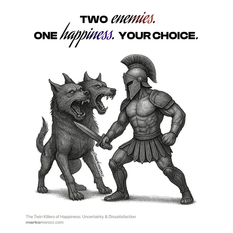 Gladiator confronting two-headed monster of uncertainty and dissatisfaction - master these dual psychological enemies to unlock sustainable happiness and optimal mental performance for longevity.
