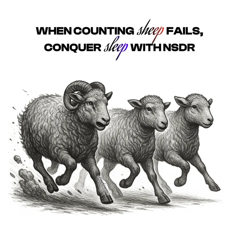 3 sheep escaping into distance, symbolizing elusive sleep - contrasting traditional counting sheep with NSDR meditation technique for effective sleep recovery and mental restoration.