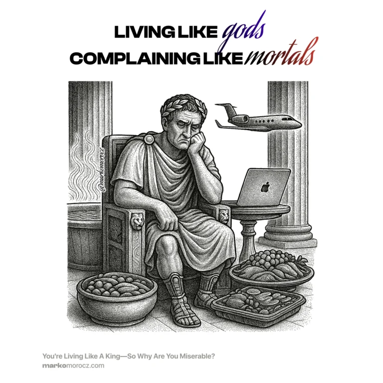 Roman emperor looking disappointed while sitting on throne surrounded by modern luxuries including laptop with AI, private jet, abundant food, and hot water systems - illustrating the paradox of objective wealth improvement versus subjective happiness decline in contemporary society compared to historical standards of living.