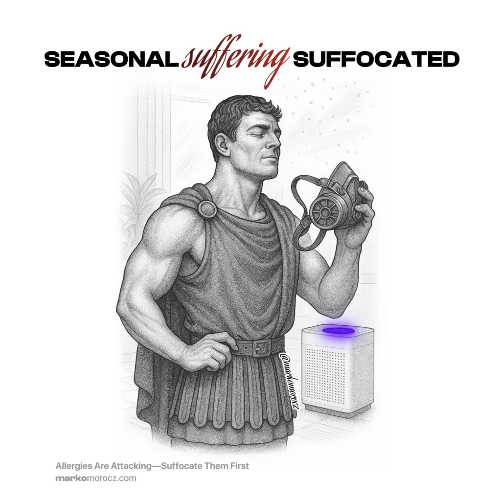 Roman man analyzing air quality data with modern protective mask - strategic allergy defense using air filter for optimal health performance