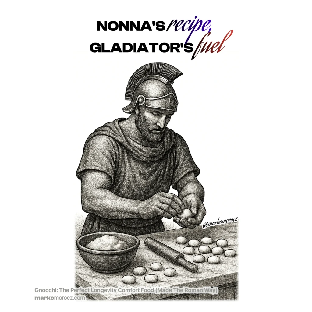 Roman chef hands shaping traditional gnocchi in marble kitchen. Ancestral wisdom meets performance nutrition for healthy carb loading