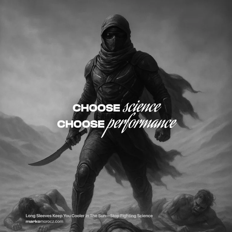 Desert warrior in full coverage robes outperforming opponents in minimal clothing - thermal regulation advantage of long sleeves for endurance sports performance and heat management