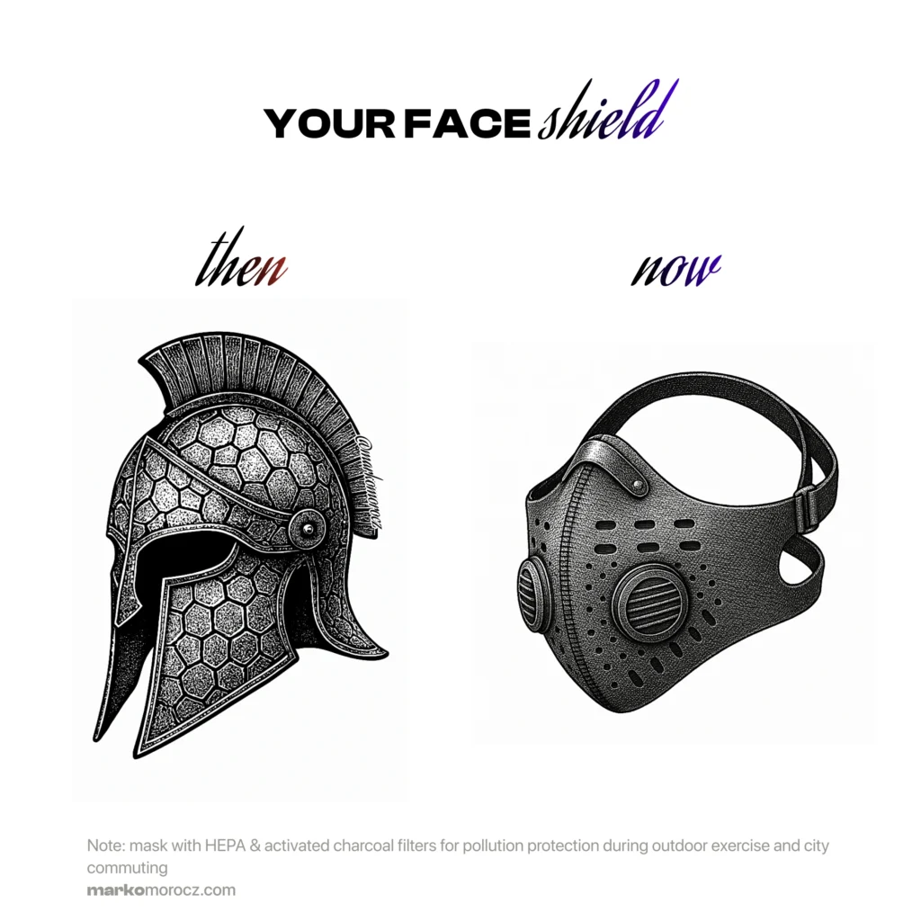 Ancient gladiator helmet juxtaposed with modern pollution mask - evolution of protective gear from battlefield to urban longevity defense against environmental toxins.