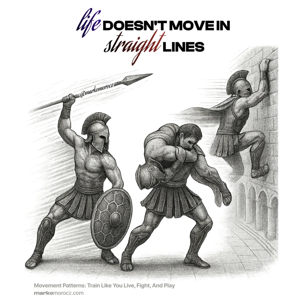 Roman gladiator performing functional movement sequence in arena - squatting, rotating, and carrying - demonstrating primal movement patterns for longevity training and athletic performance