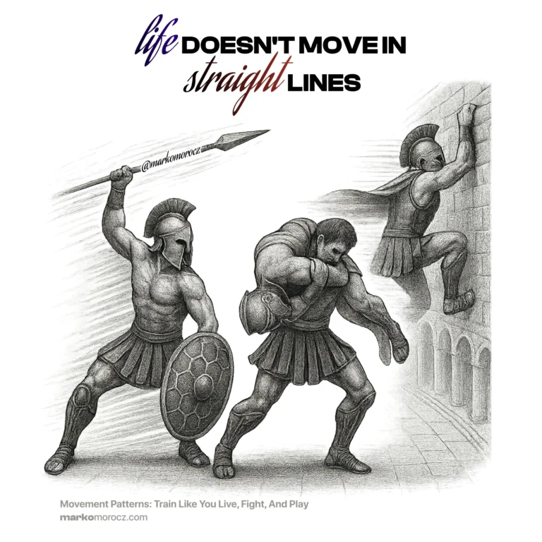 Roman gladiator performing functional movement sequence in arena - squatting, rotating, and carrying - demonstrating primal movement patterns for longevity training and athletic performance