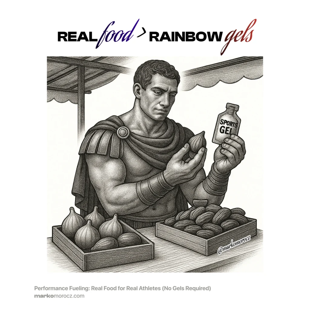 Roman gladiator examining natural dates and figs versus colorful sports gel packets - real food performance nutrition comparison for endurance athletes and longevity training