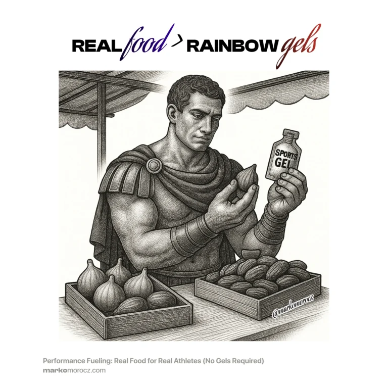Roman gladiator examining natural dates and figs versus colorful sports gel packets - real food performance nutrition comparison for endurance athletes and longevity training