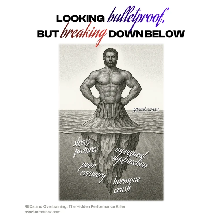 Iceberg diagram showing REDs and overtraining hidden beneath perfect physique - relative energy deficiency in sport causes stress fractures and poor recovery despite aesthetic appearance in elite athletes