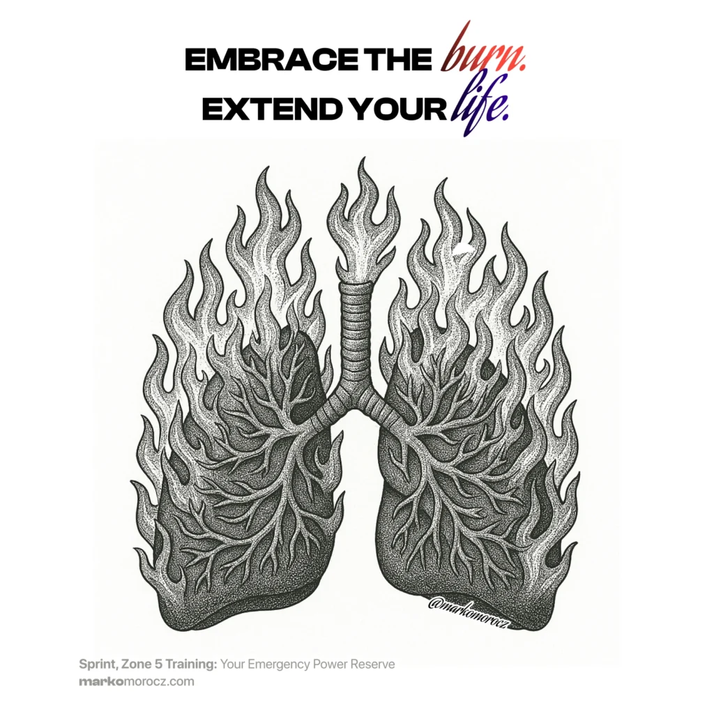 Burning lungs embracing high-intensity sprint training, Zone 5 anaerobic power to build cardiovascular resilience and longevity