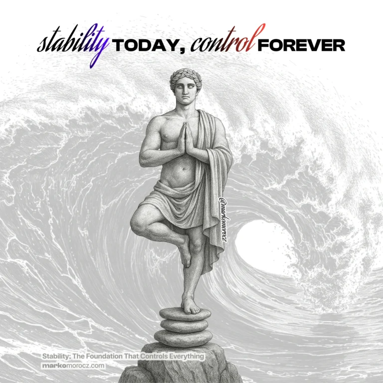 Roman statue in tree pose yoga position balancing on stacked rocks with crashing wave behind - stability training foundation for longevity and controlled movement mastery