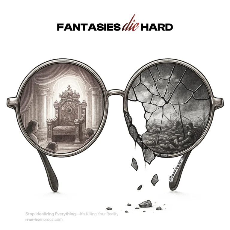 Cracked rose-tinted glasses revealing cognitive bias - fantasy Roman emperor throne versus brutal battlefield reality, illustrating idealization psychology and balanced perspective for mental health and decision-making