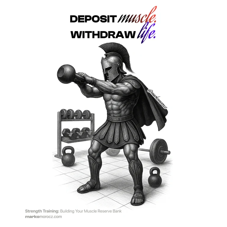 Ancient Roman gladiator performing kettlebell swing in modern gym - strength training for longevity and muscle preservation to prevent age-related muscle loss and maintain functional fitness