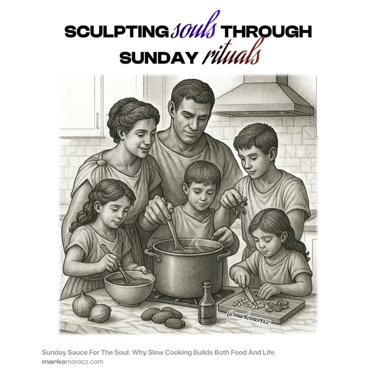 Family cooking together in modern marble kitchen - father, mother and four children preparing traditional Sunday tomato sauce, demonstrating slow cooking meditation practices for family bonding and longevity nutrition