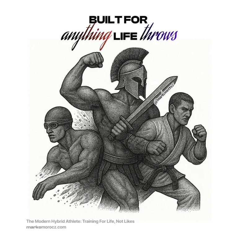 Warrior morphing between swimmer, lifter, runner and martial artist - modern hybrid athlete training for functional longevity performance rather than social media validation and superficial aesthetics.