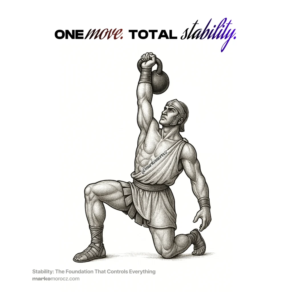 Gladiator performing Turkish get-ups demonstrating stability training - foundational movement pillar for functional strength, injury prevention, and optimal physical performance throughout life
