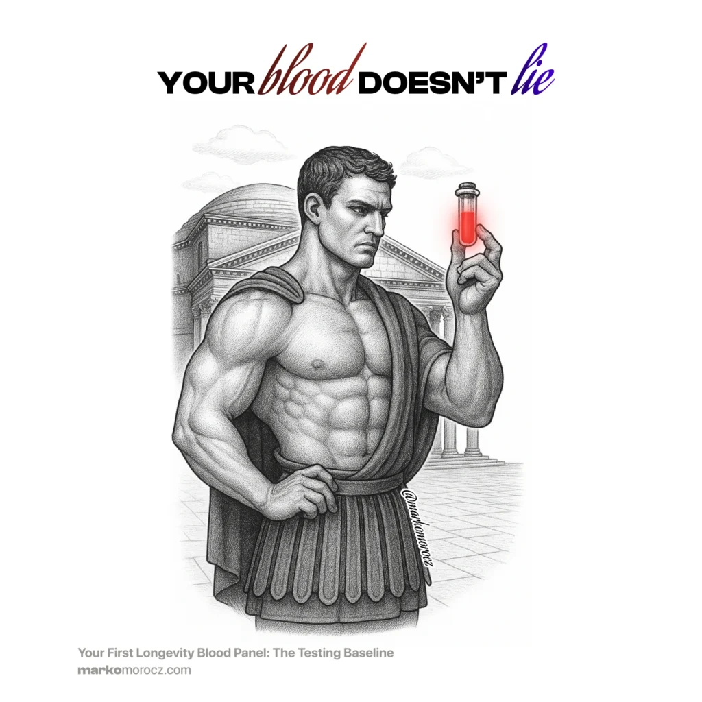 Roman man examining blood test vial for longevity biomarkers and health optimization - essential baseline diagnostic for performance tracking