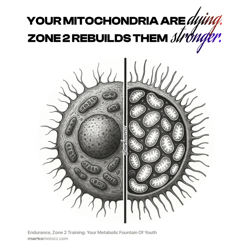 Mitochondrial density comparison showing cellular energy decline with aging versus mitochondrial multiplication through Zone 2 aerobic training for longevity, metabolic health, and cardiovascular performance optimization