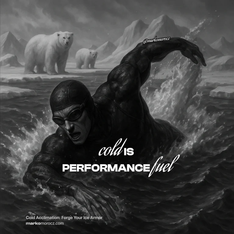 Warrior actively moving and training in icy lake, demonstrating cold acclimation training for brown fat activation, metabolism boost, and mental resilience building for optimal health performance.