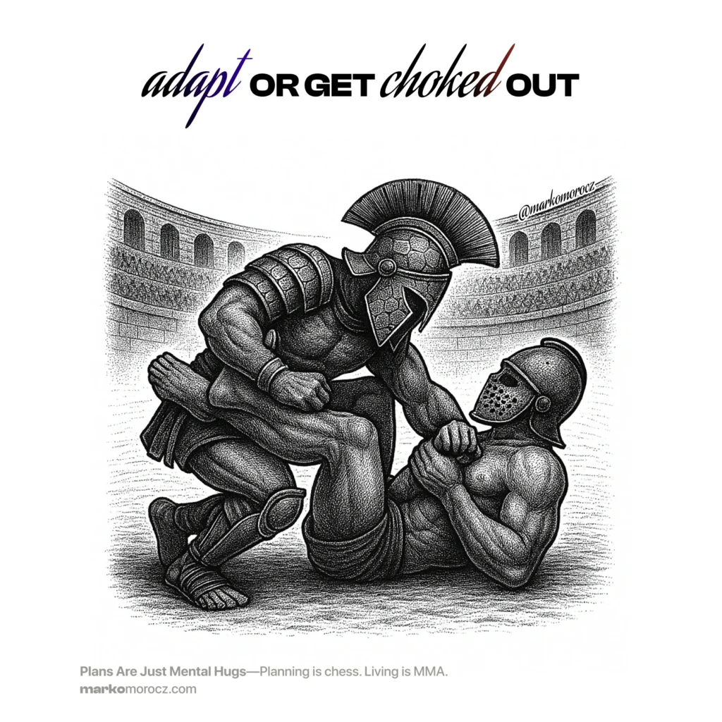 Ancient gladiators practicing jiu-jitsu grappling in Roman colosseum - adaptive combat beats rigid strategy when life's unpredictable challenges demand flexible response over planned preparation.