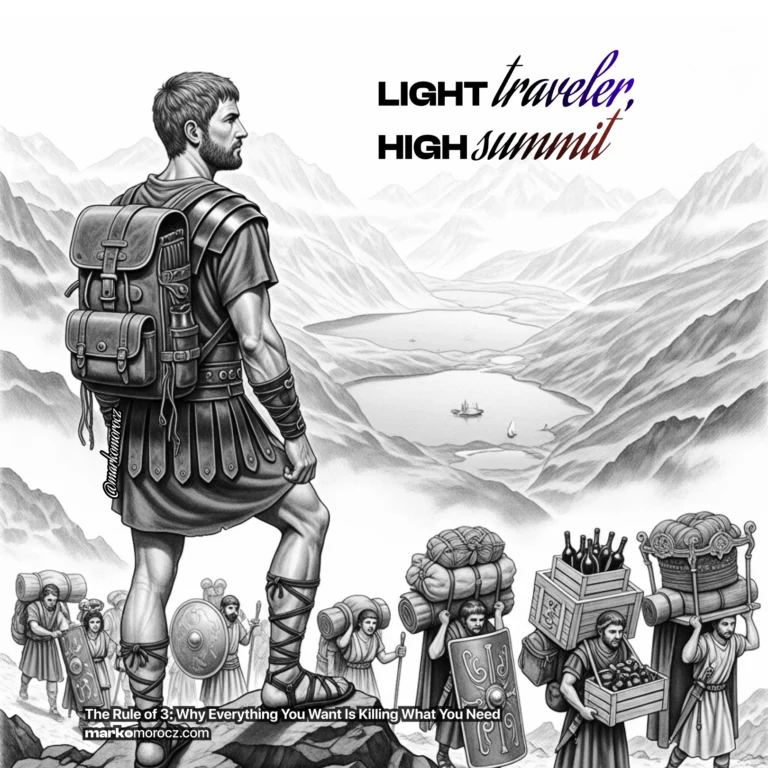 Strategic minimalist hiker reaching mountain summit with light gear versus overloaded wealthy climber struggling at trailhead - lifestyle inflation trap visualization