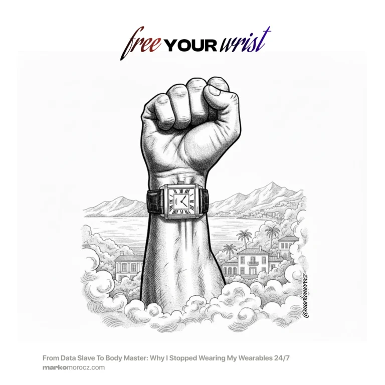 Vintage watch on free wrist showing transition from 24/7 wearable tracking to selective health monitoring and body mastery