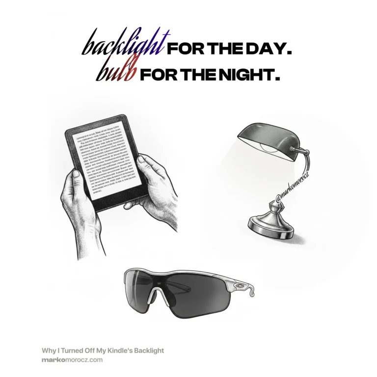 An e-reader, a traditional lamp and red light glasses for optimized sleeping before bed