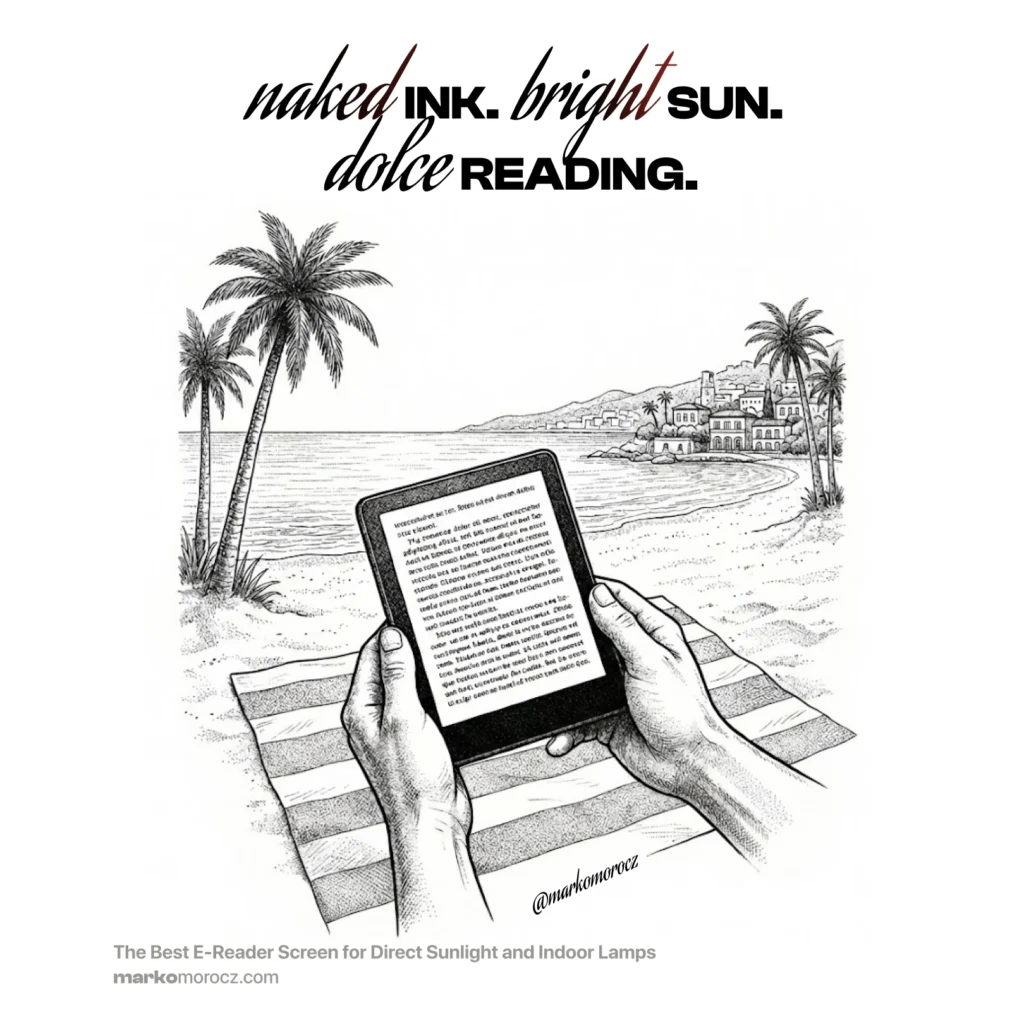 Reading on e-reader on a beach showcasing screen quality