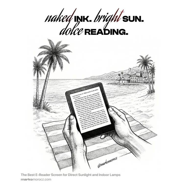 Reading on e-reader on a beach showcasing screen quality